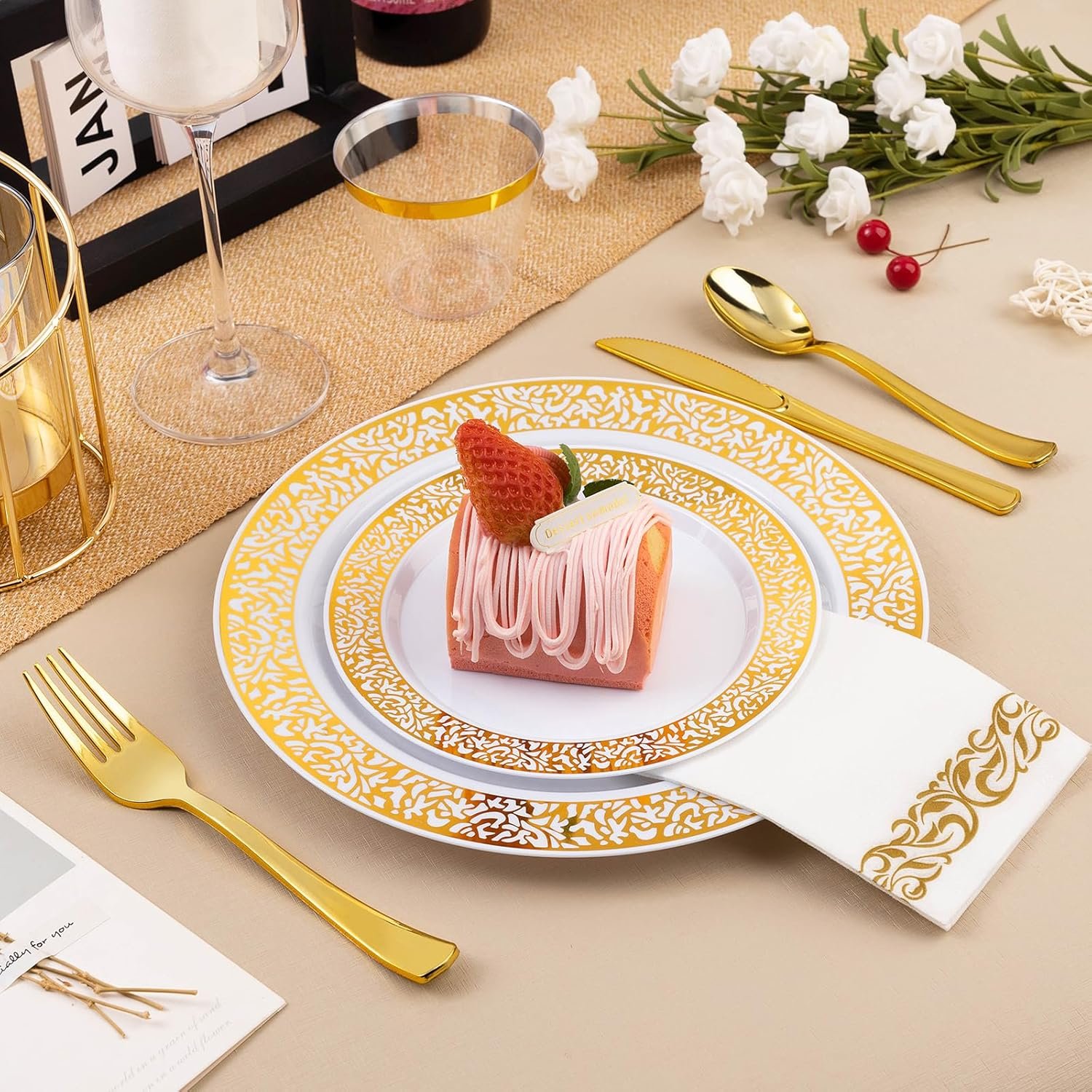 700PCS Gold Plastic Dinnerware Set for 100 Guests, Disposable Plates for Party, Includes: 100 Dinner Plates, 100 Dessert Plates, 100 Gold Silverware Set, 100 Cups, 100 Napkins - Image 5