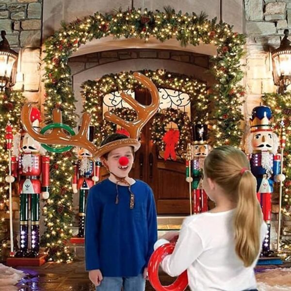 18 Pieces Inflatable Reindeer Antler Ring Toss Game for Christmas Party Games for Kids Adults Holiday Xmas Games Toys for Family School Carnival Party Supplies (3 Antlers, 12 Rings,3 Red Reindeer Nose - Image 6