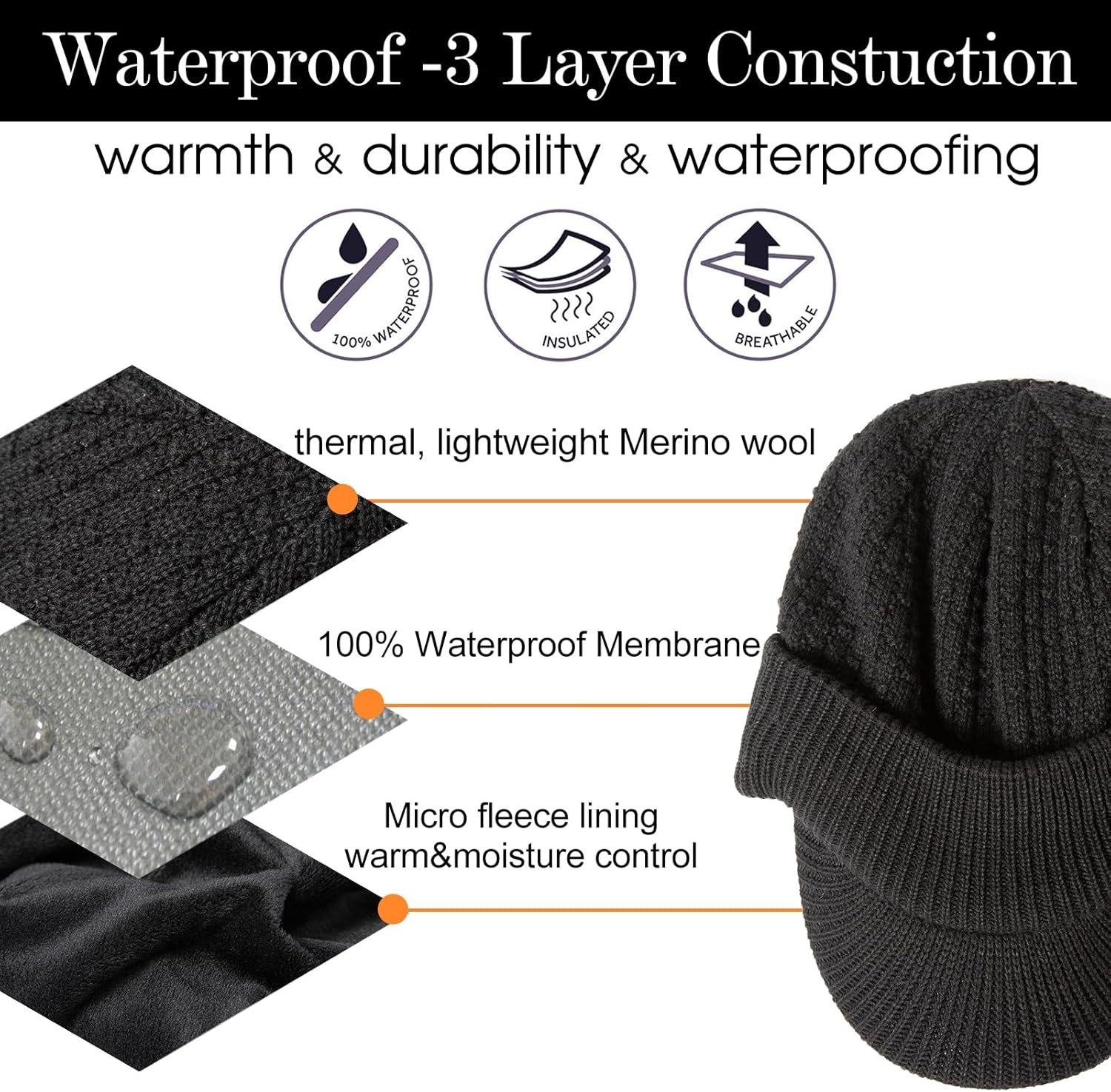 TOP-EX L/XL/XXL 50% Merino Wool Waterproof All Weather Brim Beanie Fleece Lined Unisex - Image 3