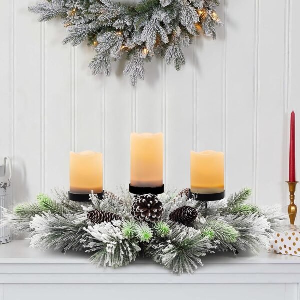BAYN Christmas Centerpiece Table Decorations, Handcrafted Snowy Pine Cones and Pine Needles with 3 Candle Holders for Dining Table Fireplace Mantel - 27.5 in - Image 4