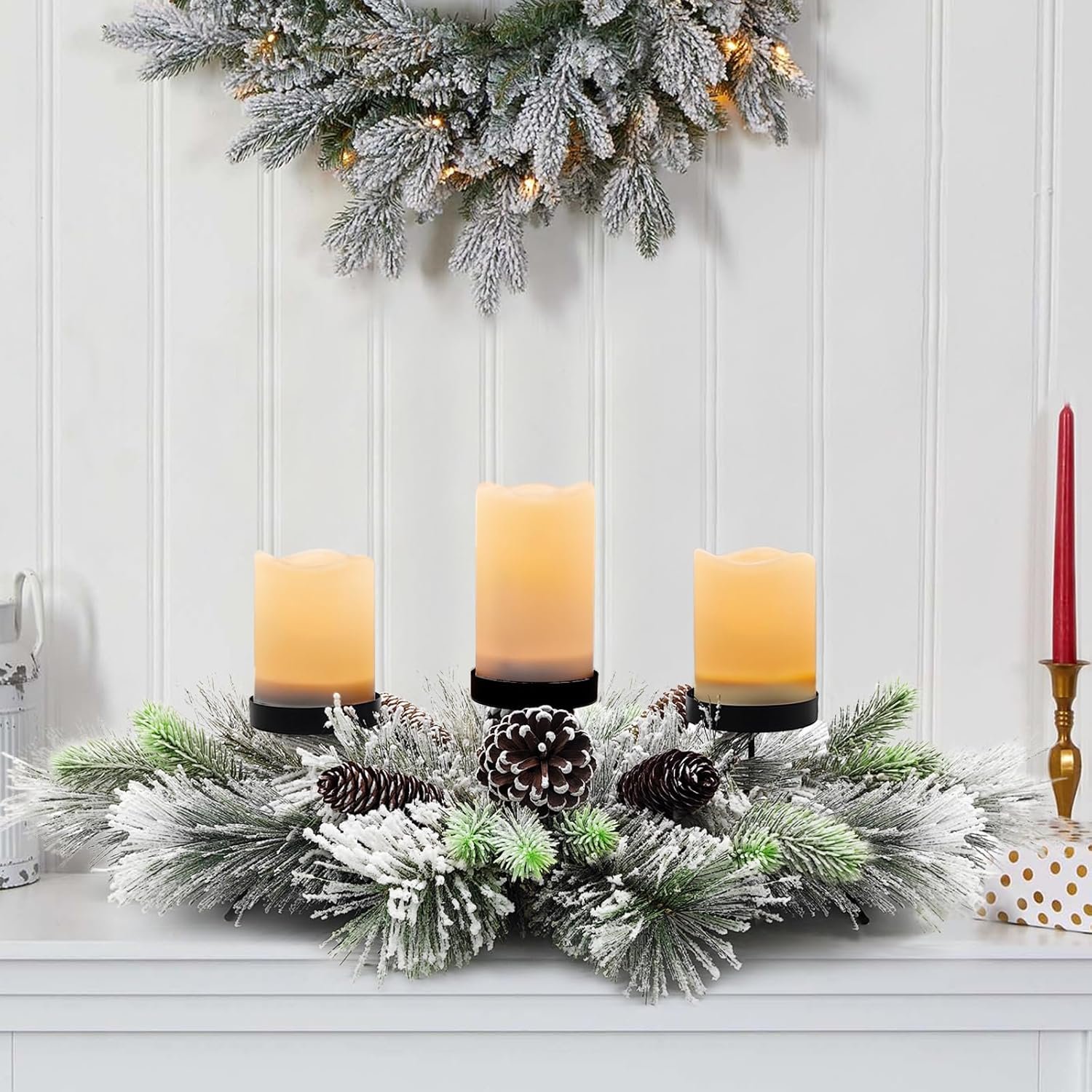BAYN Christmas Centerpiece Table Decorations, Handcrafted Snowy Pine Cones and Pine Needles with 3 Candle Holders for Dining Table Fireplace Mantel - 27.5 in - Image 4