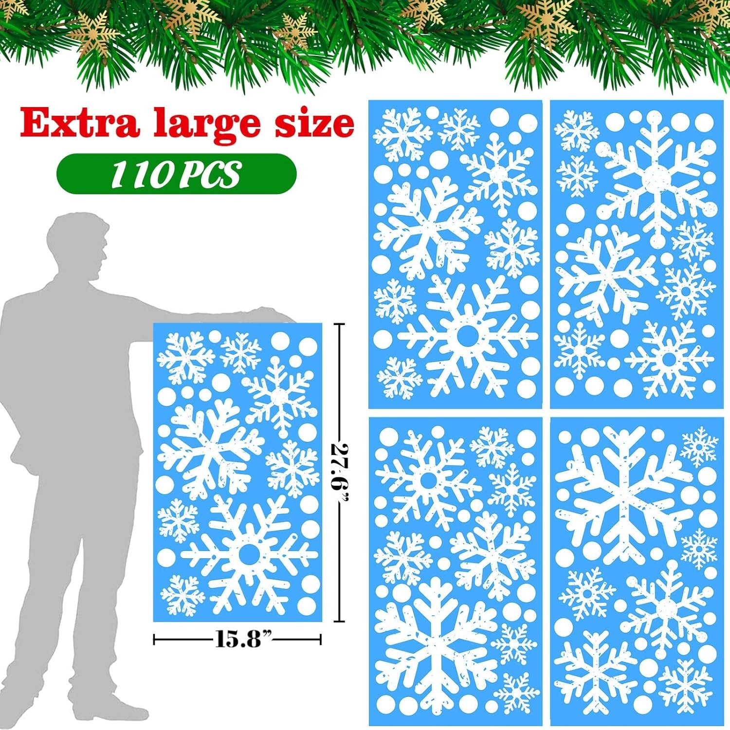 110 PCS Extra Large Snowflake Christmas Window Clings Decals for Glass Giant White Snowflake Window Decorations Xmas Snowflake Stickers Winter Wonderland Party Supplies Decor - Image 3