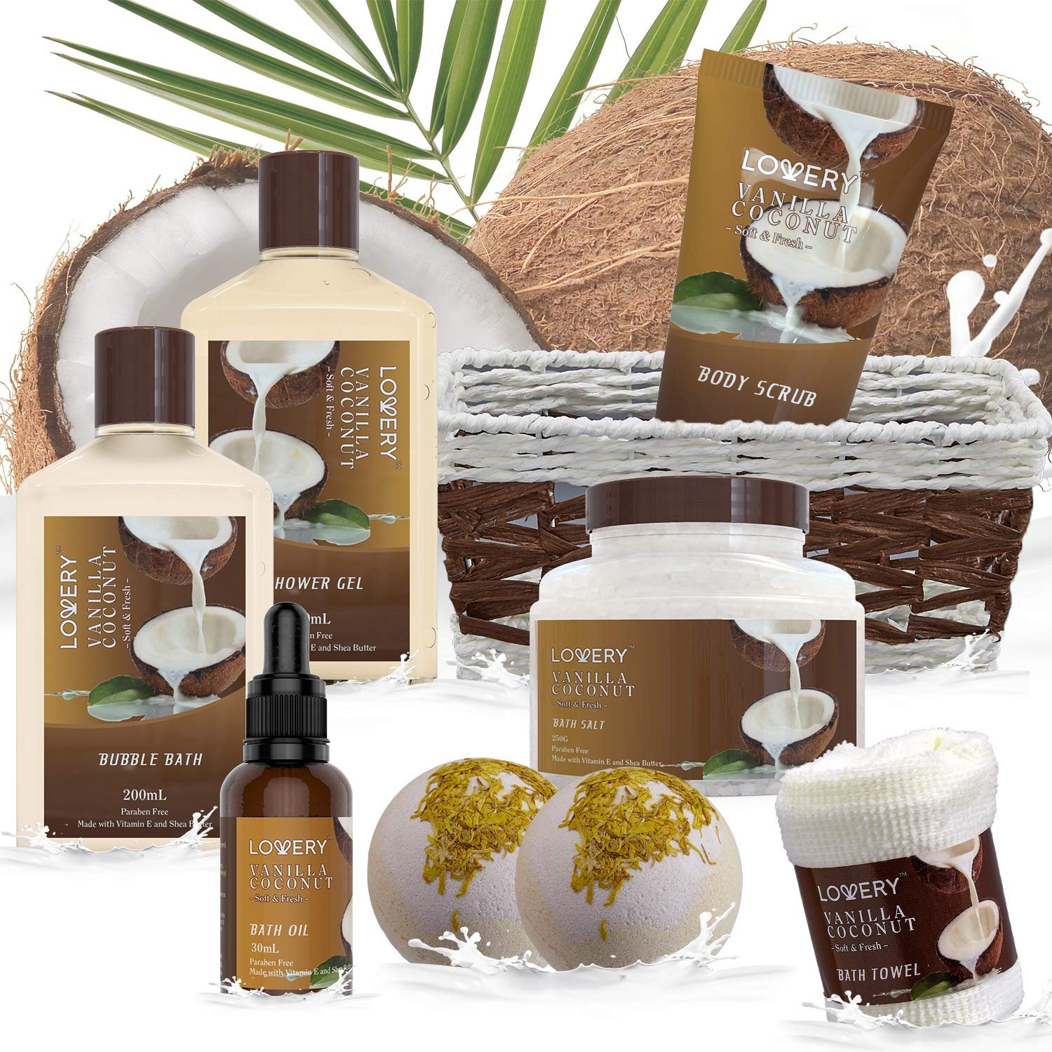 Bath and Body Gift Basket For Women and Men – 9 Piece Set of Vanilla Coconut Home Spa Set, Includes Fragrant Lotions, Extra Large Bath Bombs, Coconut Oil, Luxurious Bath Towel & More - Image 6