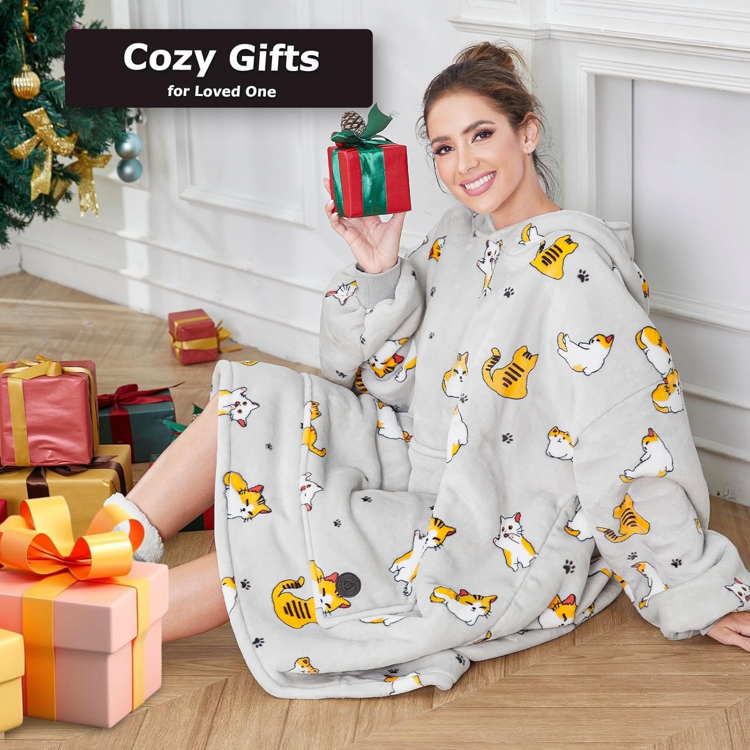 THREE POODLE Wearable Blanket Hoodie for Women, Oversized Sherpa Sweatshirt Blanket for Adults Men, Warm Cozy Cat Hooded Blanket, Gifts for Mom Girlfriend Sister - Image 6