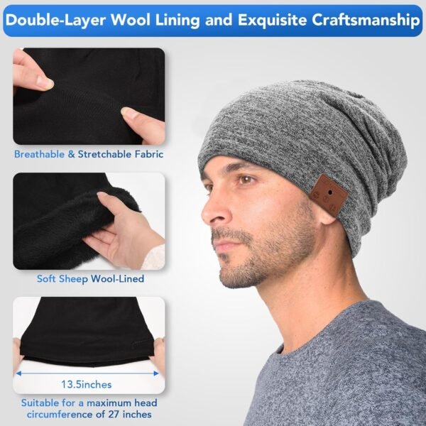2 Pack (1 Bluetooth Beanie + 1 Beanie) Double-Layer Wool Lining Bluetooth Beanie Hat, Unique Tech Gifts for Men/Women/Teens/Family Christmas Thanksgiving - Image 5