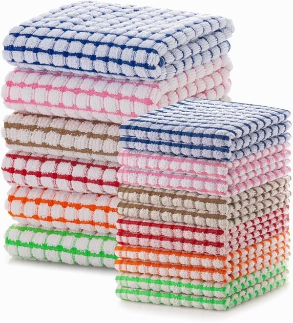 100% Cotton Kitchen Towels and Dishcloths Set, Set of 18 Kitchen Towels Set, 6Pcs 16 x 25 Inches and 12Pcs 12 x 12 Inches, Checkered Designed, Super Soft and Absorbent Kitchen Towels Sets - Image 2
