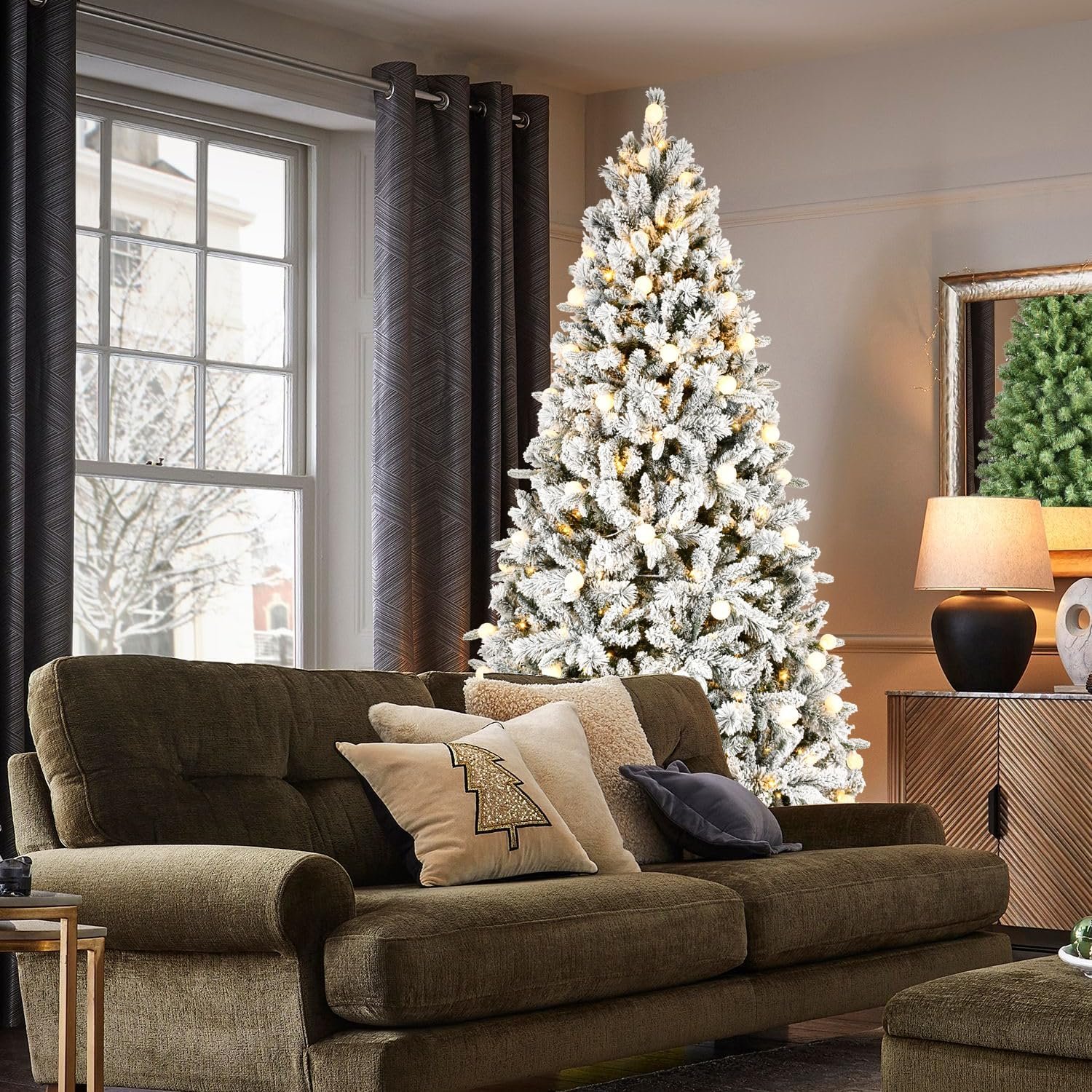 8FT Prelit Flocked Christmas Tree with 470 Two Color LED Lights and 45 Colorful Bauble Lights, 10 Flashing Modes, Pre Lit Artificial Christmas Tree with Snow and Memory Wire Technology for Holiday - Image 10