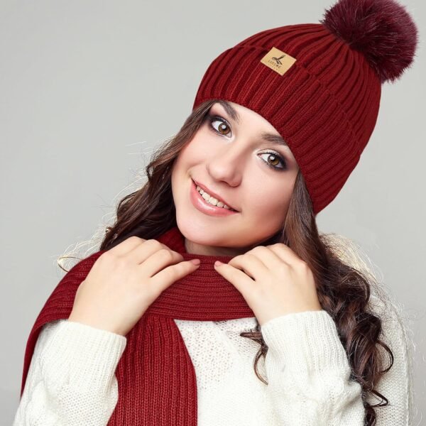 LOROME Women Winter Beanie Hat Scarf Gloves Set, Fleece Knitted Pompom Hat Warm Neck Scarf Touchscreen Gloves Winter Gift - Image 7