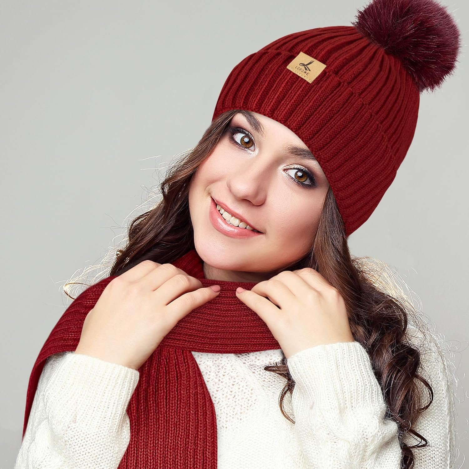 LOROME Women Winter Beanie Hat Scarf Gloves Set, Fleece Knitted Pompom Hat Warm Neck Scarf Touchscreen Gloves Winter Gift - Image 7