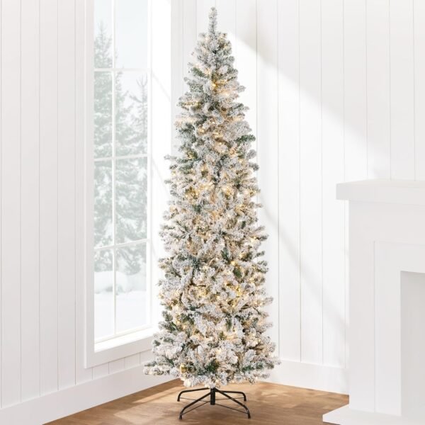 Best Choice Products Flocked Pencil Christmas Tree, Pre-Lit Slim Artificial Holiday Decoration, 6ft Lighted Skinny w/Base, Warm White Lights - Image 2