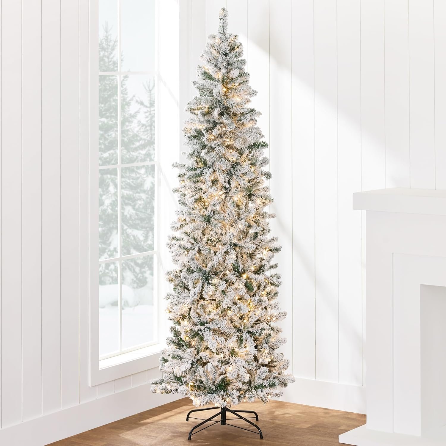 Best Choice Products Flocked Pencil Christmas Tree, Pre-Lit Slim Artificial Holiday Decoration, 6ft Lighted Skinny w/Base, Warm White Lights - Image 2