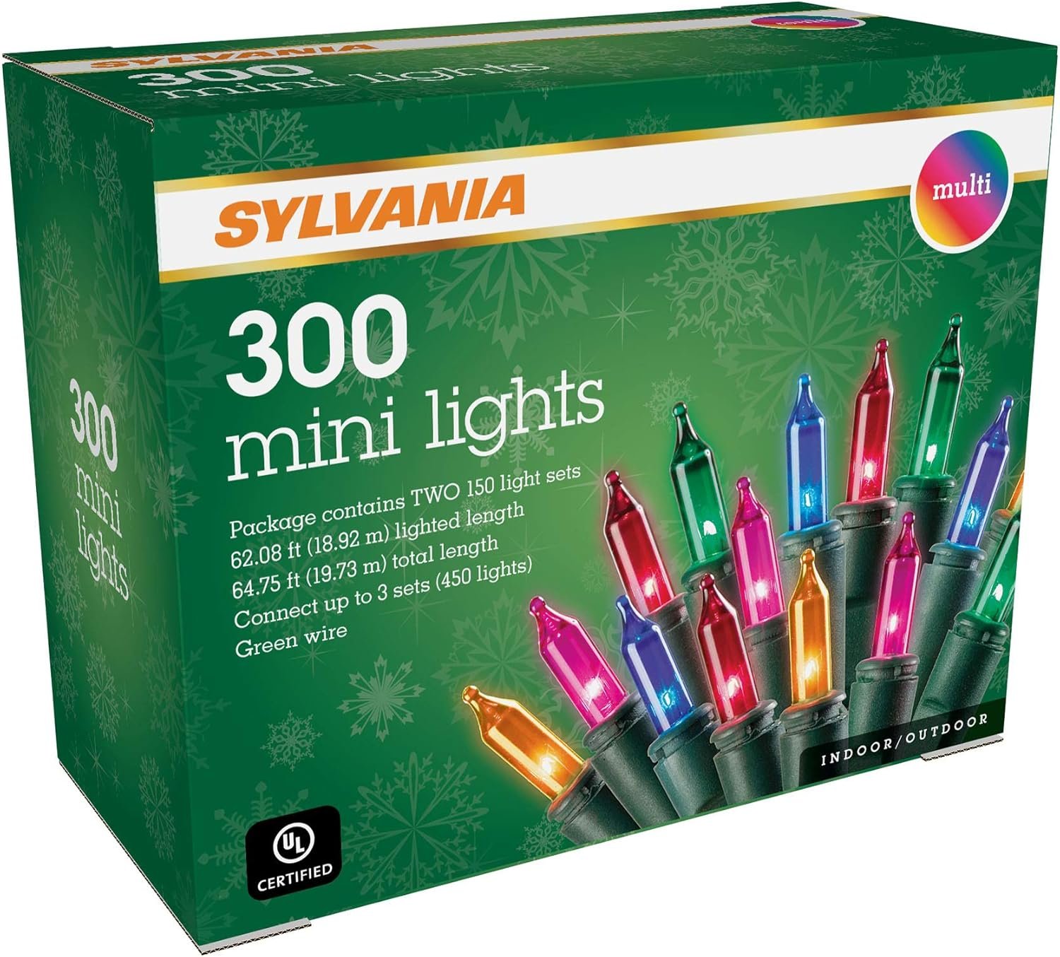 SYLVANIA Christmas Lights, Multi 300 (2x150) Light Set, Green Wire. 64.75' Total Length. For Indoor and Outdoor use. - Image 2