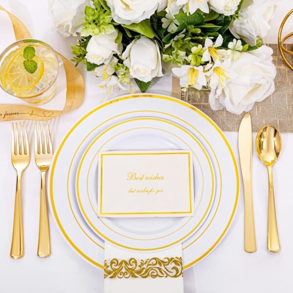 350 Pcs Gold Dinnerware Set, Plastic Plates Disposable for 50 Guests Include:50 Gold Rim Dinner Plates, 50 Gold Dessert Plates, 50 Paper Napkins, 50 Cups, 50 Gold Silverware Set Perfect for Party - Image 6