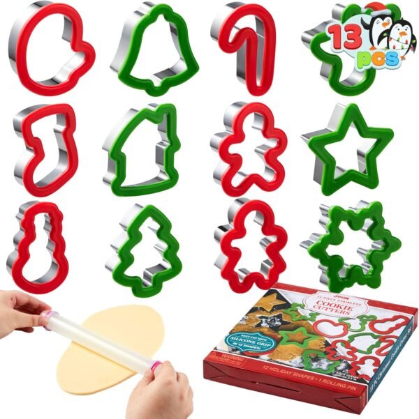 JOYIN 13 Pcs Christmas Cookie Cutters in Stainless Steel with 3.5í plus Grip and a Rolling Pin for Xmas Holiday Cookies Baking, Snowflake Cookies, Gingerbread Cookies, Party and Baking Gift - Image 10
