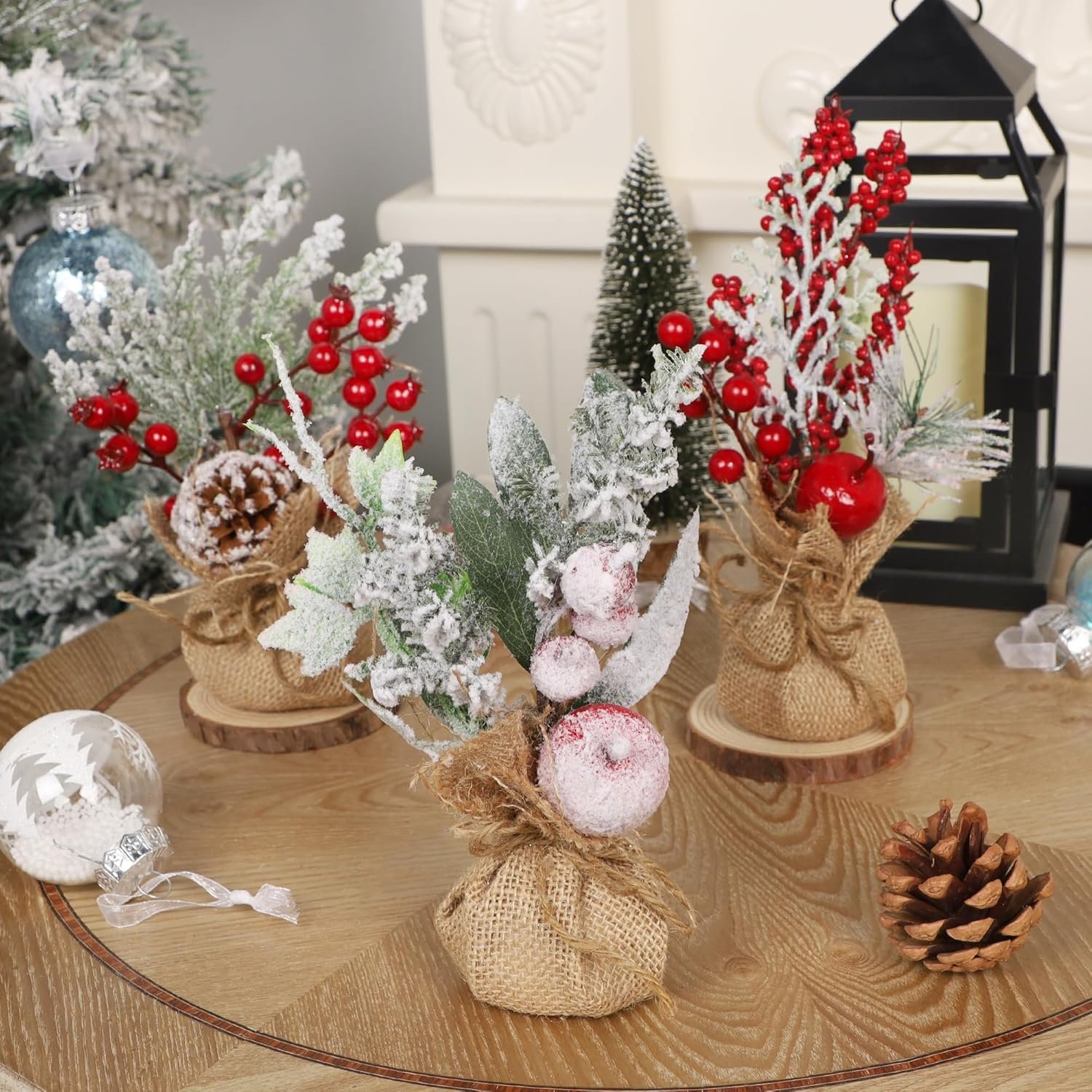winemana 6 Pcs Mini Christmas Tree Table Decorations, 9" Small Artificial Trees with Red Berries Pine Cone Tabletop Centerpiece for Home Office Room Holiday Decorations - Image 8