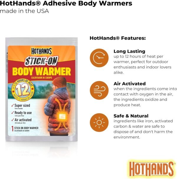 HotHands Body Warmers With Adhesive - Long Lasting Safe Natural Odorless Air Activated Warmers - Up to 12 Hours of Heat - 40 Individual Warmers - Image 9