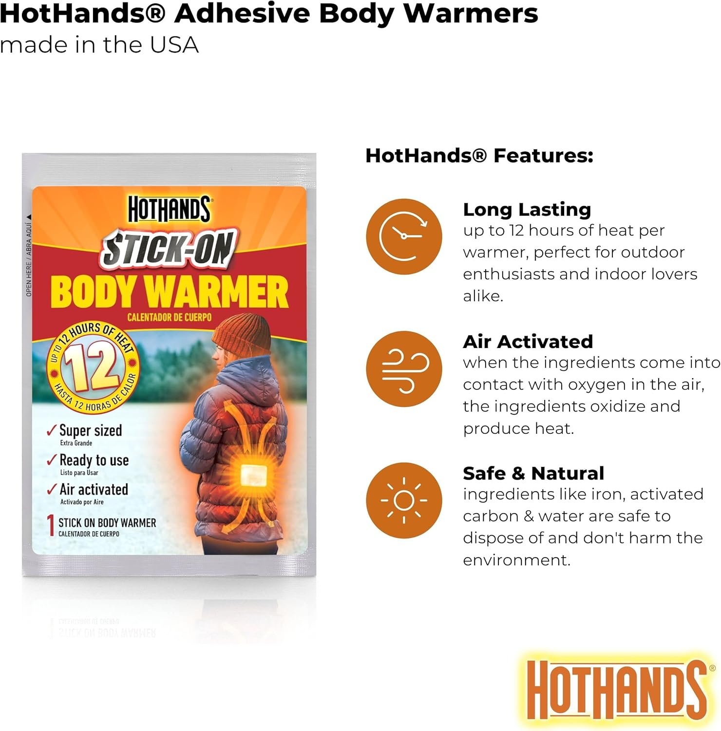 HotHands Body Warmers With Adhesive - Long Lasting Safe Natural Odorless Air Activated Warmers - Up to 12 Hours of Heat - 40 Individual Warmers - Image 9