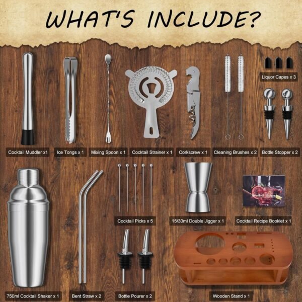 Cocktail Shaker Set with Stand - 25pcs Mixology Bartender Kit 25oz Professional Bar Tools Set Bar Accessories for Drink Mixing, Bartender Gifts for Home Bar, Parties - Image 3