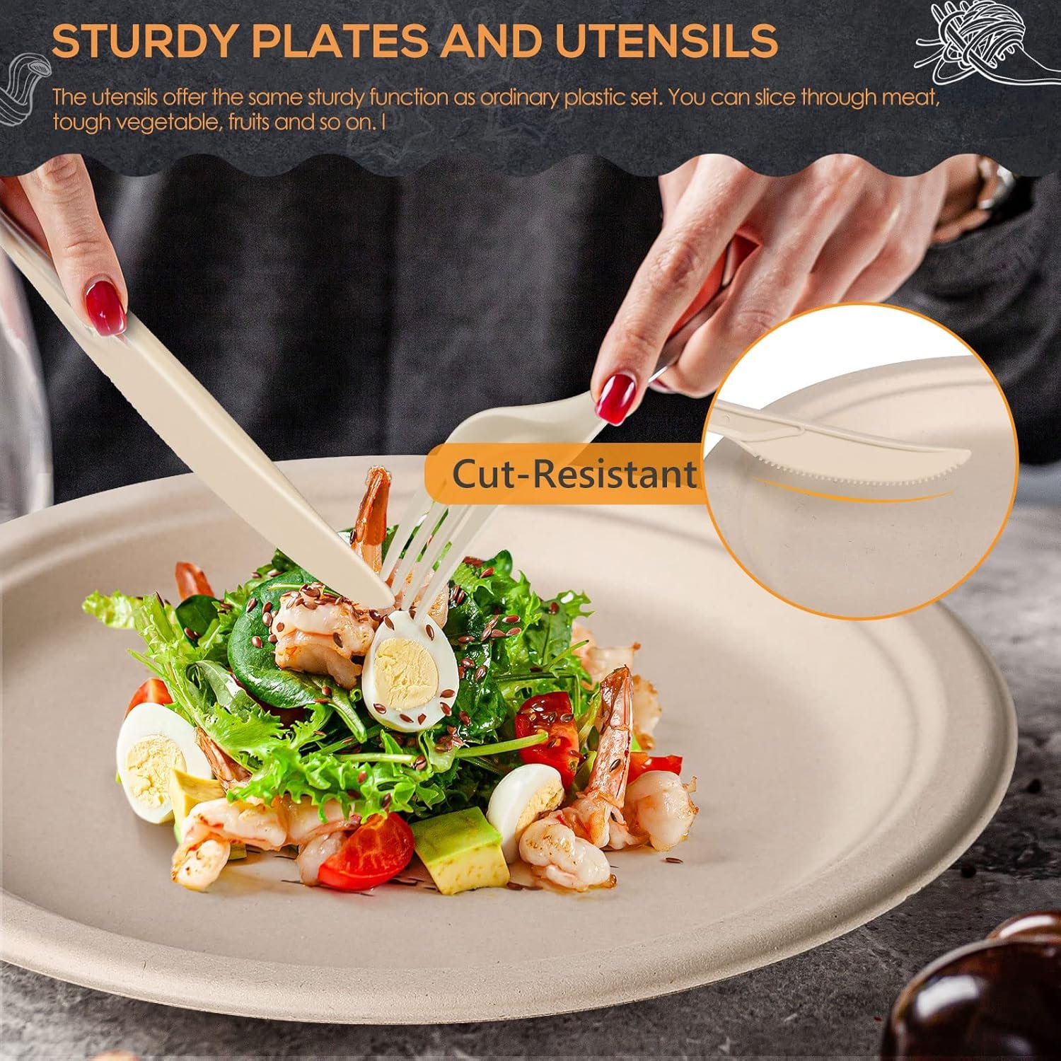Gezond 250Pcs Disposable Paper Plates Set, Compostable Plate Sugarcane Utensils Eco Friendly Dinnerware Kit Includes 50 Biodegradable Plates, Forks, Knives and Spoons for Brithday Party Camping - Image 4