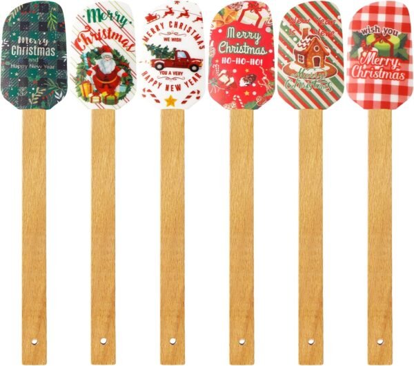 Patelai Christmas Silicone Spatula Xmas Cake Spatula with Wooden Handle Snowmen Pancake Spatula Cute Pan Scraper Xmas Dish Scraper Cooking Spatulas for Kitchen Mixing Cooking (Chic Style,6 Pieces) - Image 2