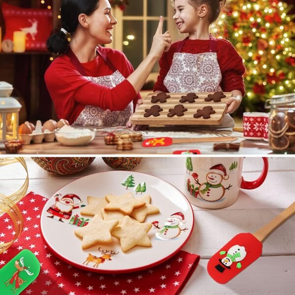 Uiifan Christmas Silicone Spatula Red and Green Whisk Wooden Handle Santa Claus Pattern Spatula Christmas Cake Spatula with Handle for Stir Butter Cream - Image 8