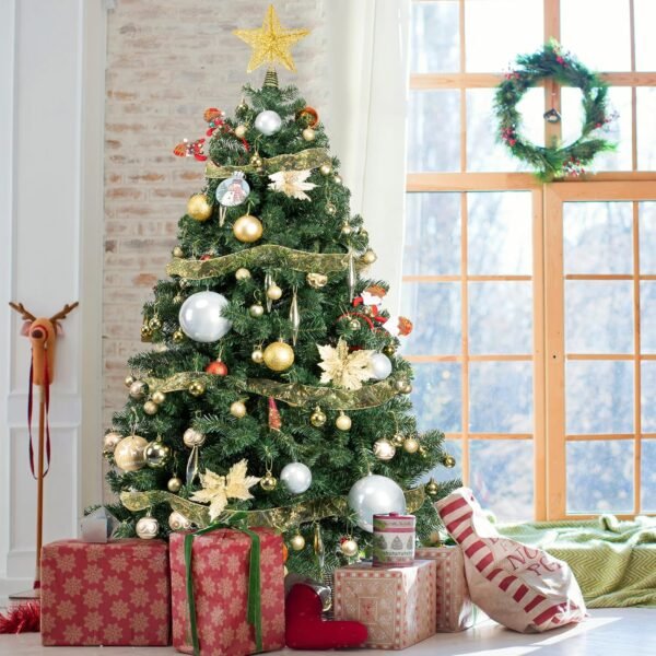 6ft Artificial Christmas Tree - Ribbon Decorations Easy to Assemble 3-Piece Design Christmas Fir for Festive Home Decor 1000 Branch Tips Xmas Tree for Home, Office, Party Decoration - Image 3
