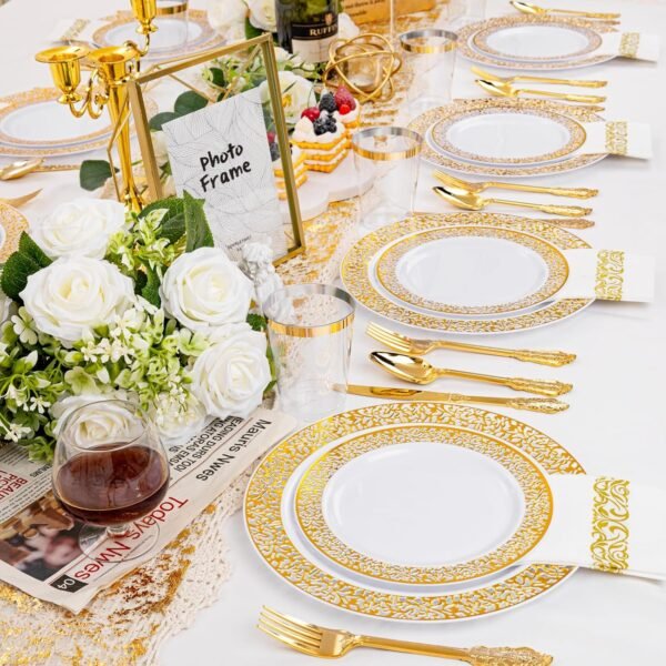 bUCLA 350PCS Gold Plastic Dinnerware Set for 50 Guests - Gold Plastic Plates Disposable for Party Include 100 Plates,50 Forks, 50 Knives, 50 Spoons,50 Cups,50 Napkins for Thanksgiving - Image 7