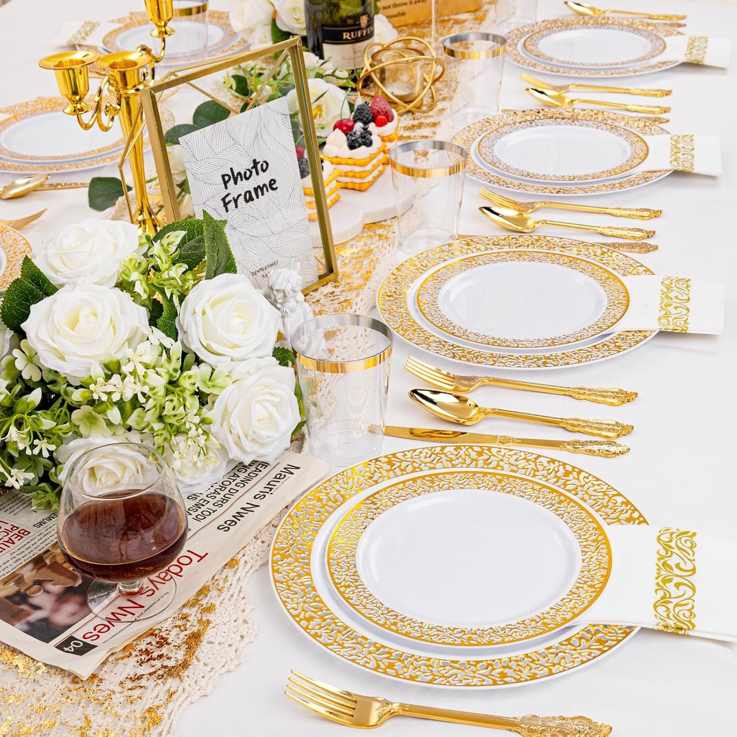 bUCLA 350PCS Gold Plastic Dinnerware Set for 50 Guests - Gold Plastic Plates Disposable for Party Include 100 Plates,50 Forks, 50 Knives, 50 Spoons,50 Cups,50 Napkins for Thanksgiving - Image 7