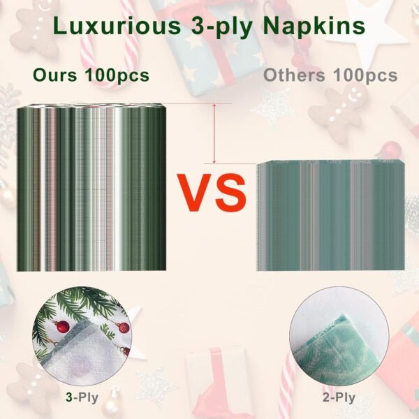 3-Ply Christmas Paper Napkins Disposable: Guest Dinner Hand Towels, Xmas Table Decorative for Bathroom Home Kitchen, Holiday Cocktail Party Decor, Red White Green (4.3x7.9 Inches, Count, 100) - Image 4
