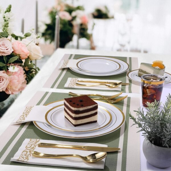 FOCUSLINE 350 Gold Dinnerware Set for 50 Guests, White and Gold Rim Plastic Plates Disposable Heavy Duty, Including 50 Dinner Plates, 50 Dessert Plates, 50 Cups, 50 Napkins, 50 Silverware Set - Image 5