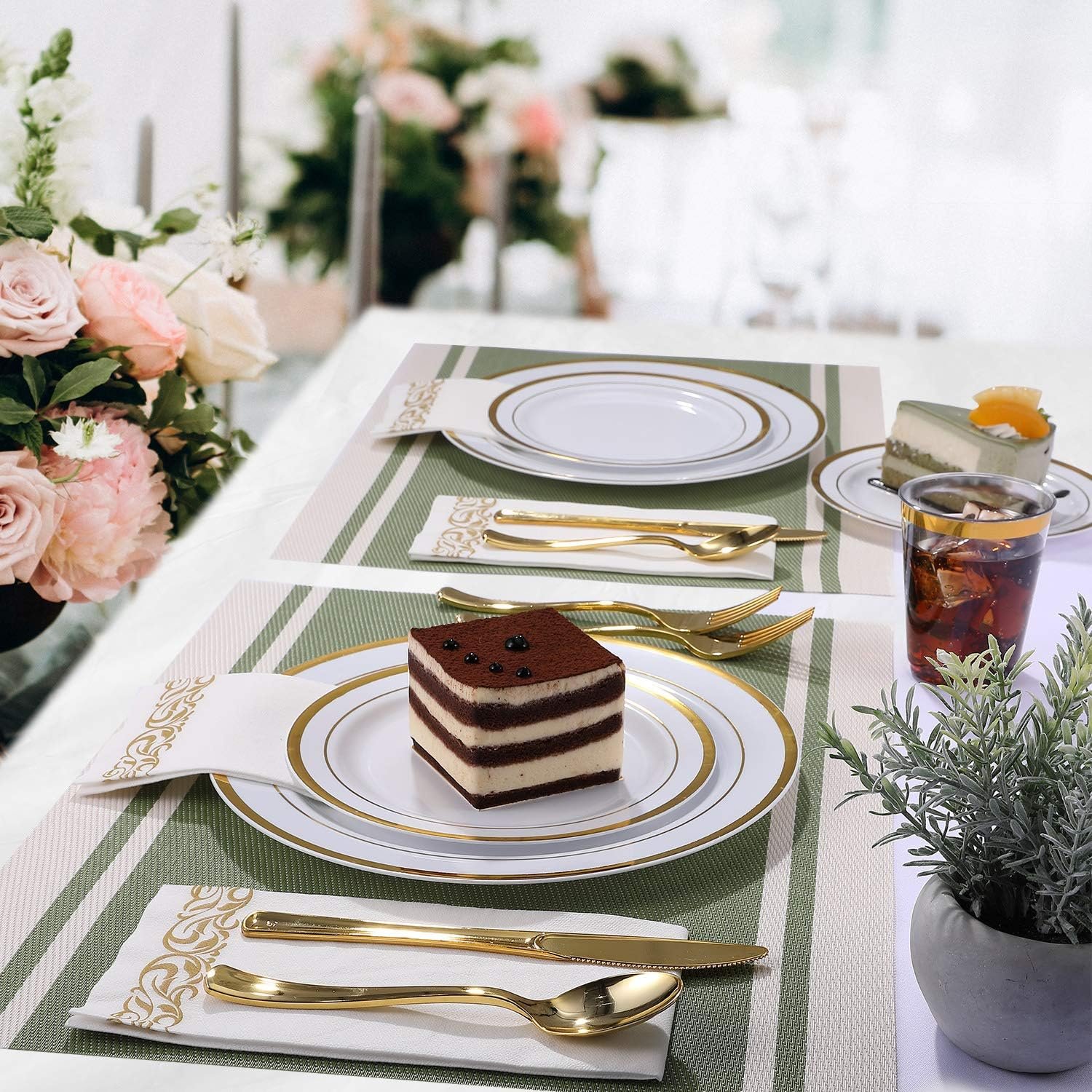 FOCUSLINE 350 Gold Dinnerware Set for 50 Guests, White and Gold Rim Plastic Plates Disposable Heavy Duty, Including 50 Dinner Plates, 50 Dessert Plates, 50 Cups, 50 Napkins, 50 Silverware Set - Image 5