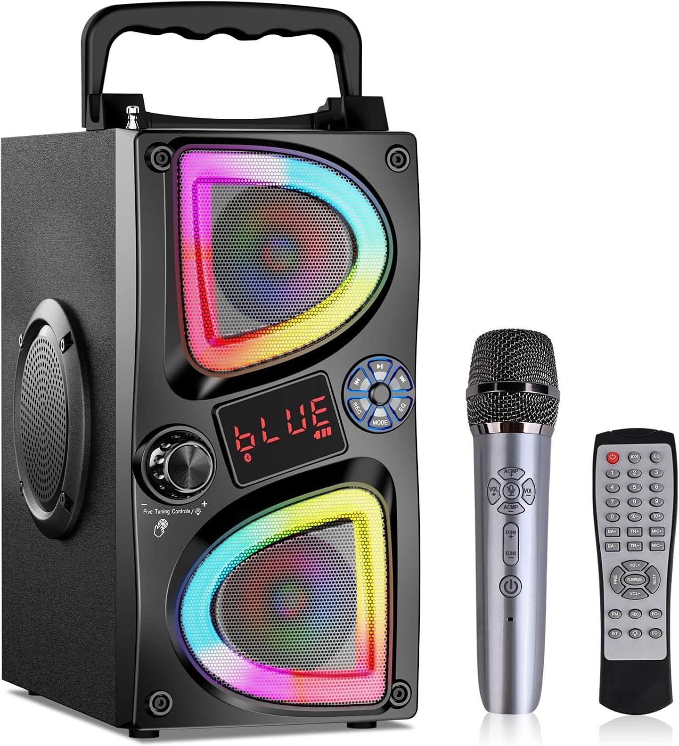 Bluetooth Speaker, 60W(Peak) Wireless Portable Small Home Party Speakers with Double Subwoofer Deep Bass, Microphone, FM Radio, Lights, Remote, 80dB Loud Stereo Sound Boombox for Outdoor Camping Gifts - Image 2