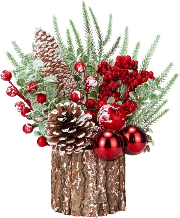 Christmas Decorations Indoor, Christmas Centerpiece Table Decorations, Small Artificial Tabletop/Desk Christmas Tree with Christmas Ornaments Pinecone Berry for Home Farmhouse Mantle Décor (Red) - Image 2
