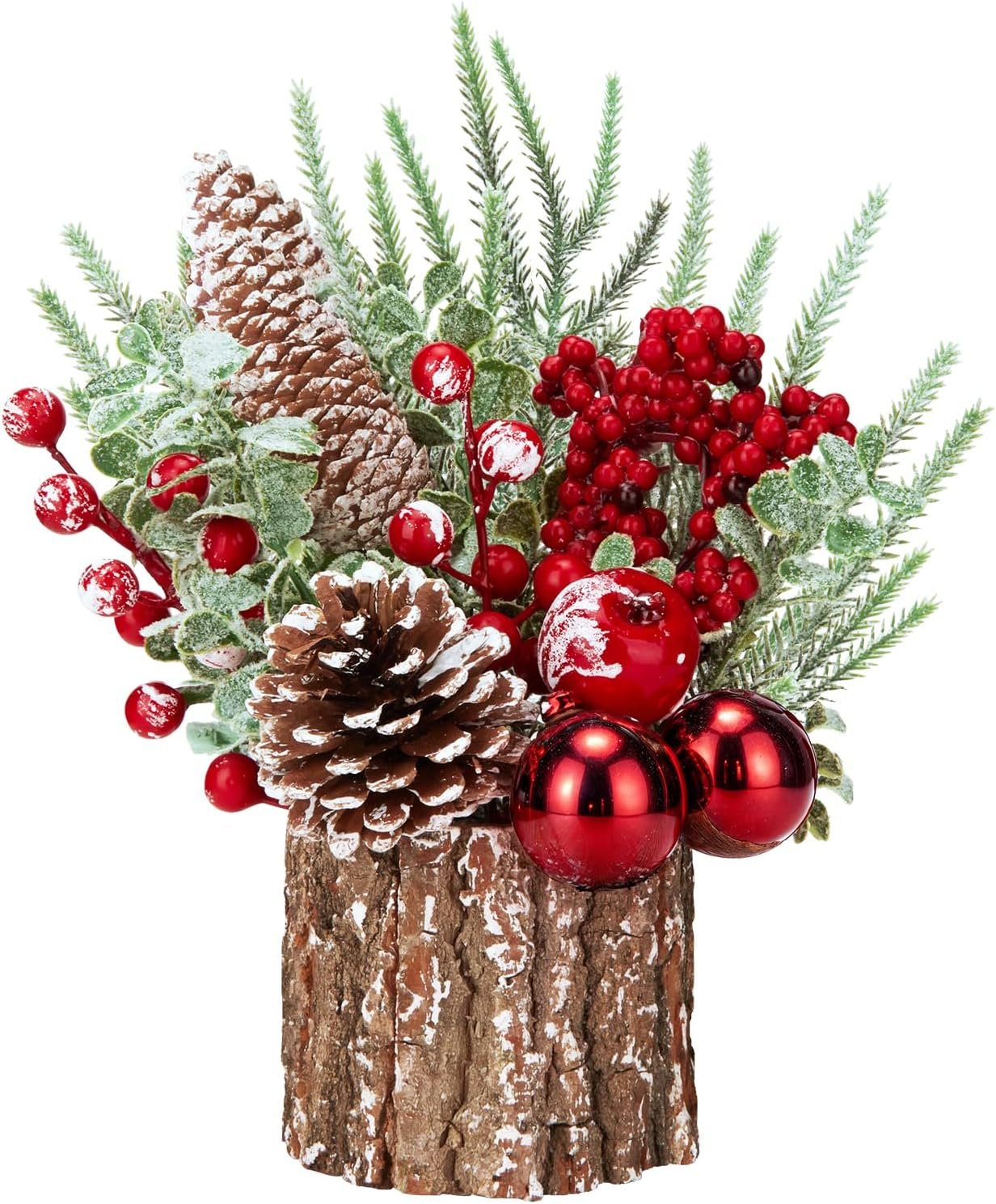 Christmas Decorations Indoor, Christmas Centerpiece Table Decorations, Small Artificial Tabletop/Desk Christmas Tree with Christmas Ornaments Pinecone Berry for Home Farmhouse Mantle Décor (Red) - Image 2