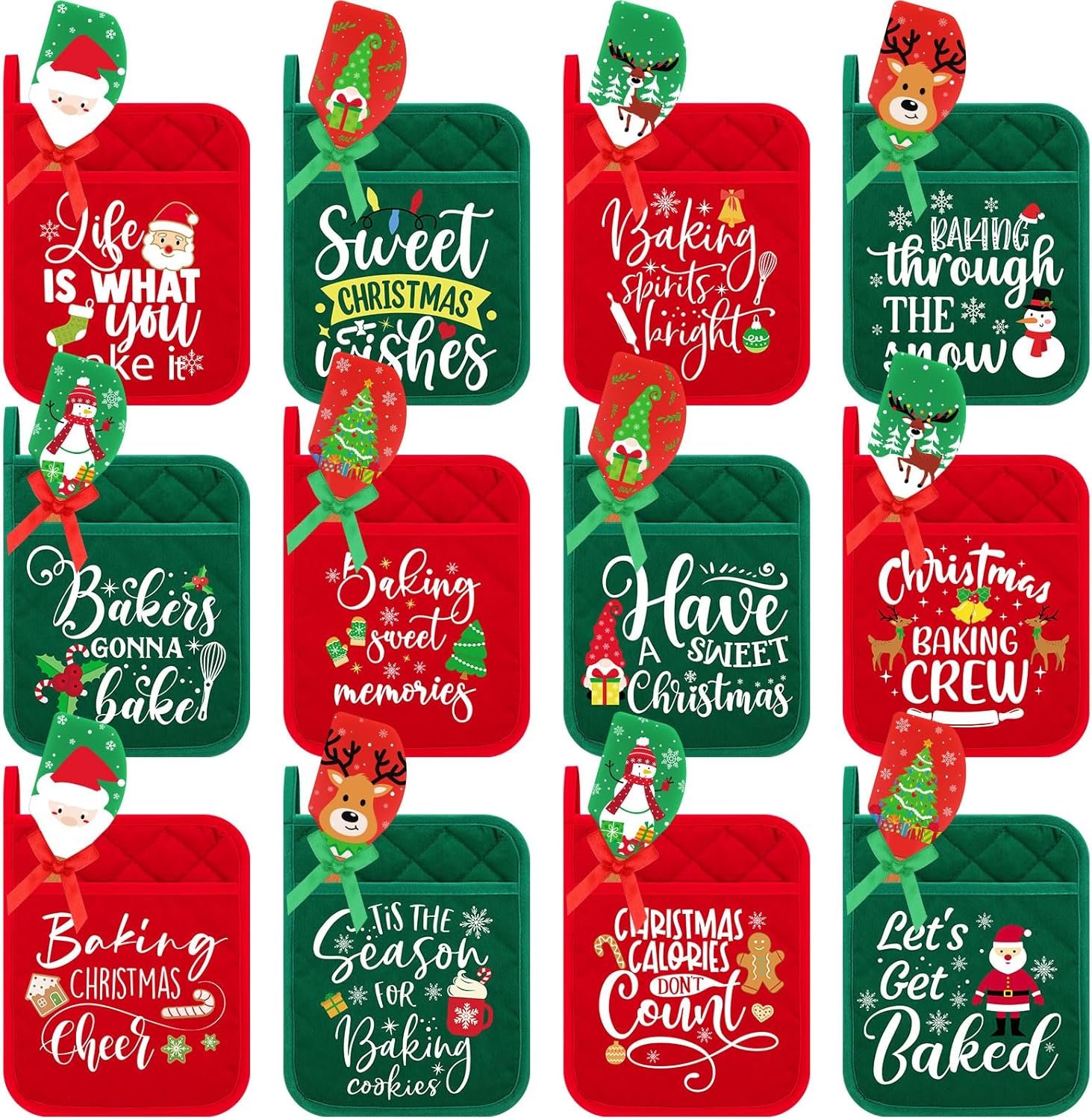 24 Pcs Christmas Pot Holders and Silicone Spatula Set Christmas Hot Pads with Pocket Xmas Scraper with Wooden Handle Heat Resistant Oven Mitt Cookie Bag for Baking Cooking Appreciation Gift - Image 2