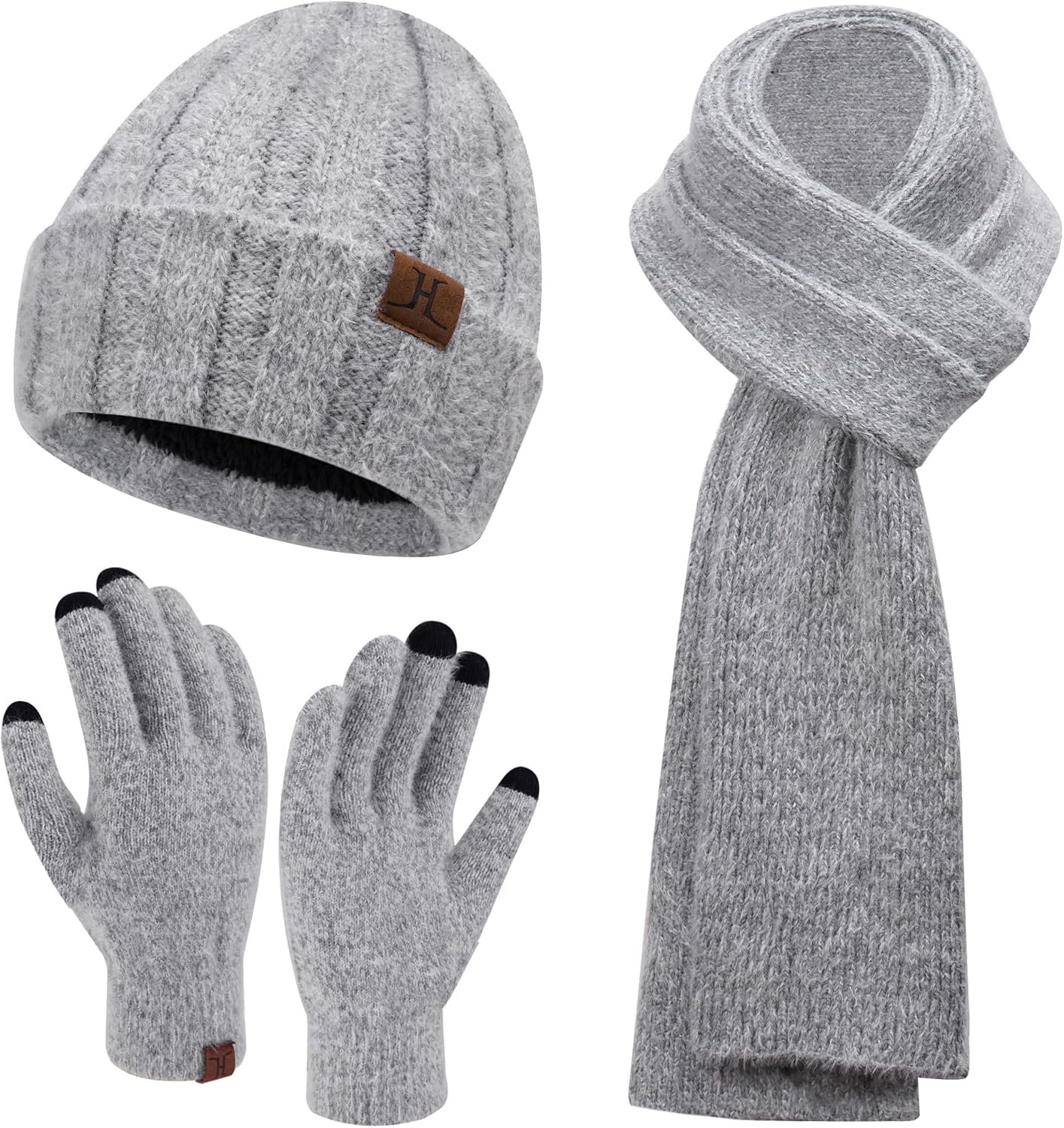 Womens Winter Warm Knit Beanie Hat Touchscreen Gloves Long Neck Scarf Set with Fleece Lined Skull Caps Gifts for Women - Image 2