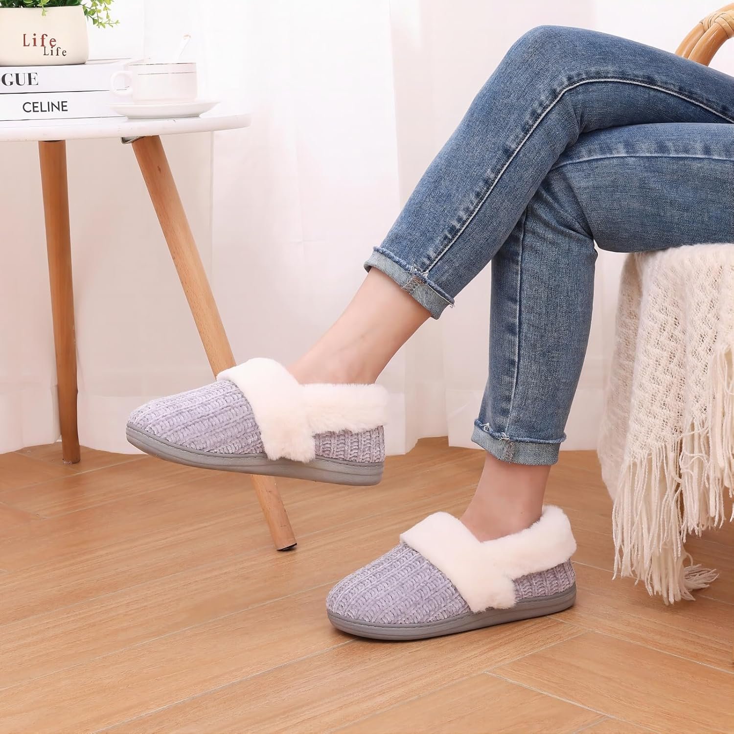 Evshine Women's Fuzzy Memory Foam Closed Back Slippers Chenille Knit Fleece Lined House Shoes - Image 7