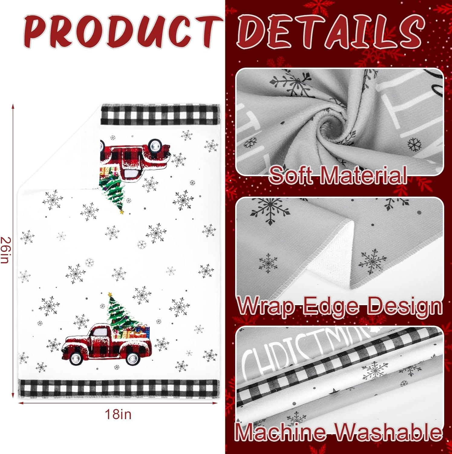 4 Pack Christmas Kitchen Towels, Black White Buffalo Plaid Christmas Dish Towels 18 x 26 Inch, Xmas Trees Truck Farmhouse Christmas Hand Towels for Kitchen Home Winter Holiday Decorations - Image 7