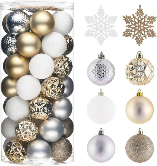 Valery Madelyn Christmas Tree Decorations Ornament Set for Fall Halloween Decor, 50ct White and Gold Shatterproof Christmas Ball Ornaments Bulk, 2.36 Inches Hanging Decor for Xmas Holiday Party - Image 2