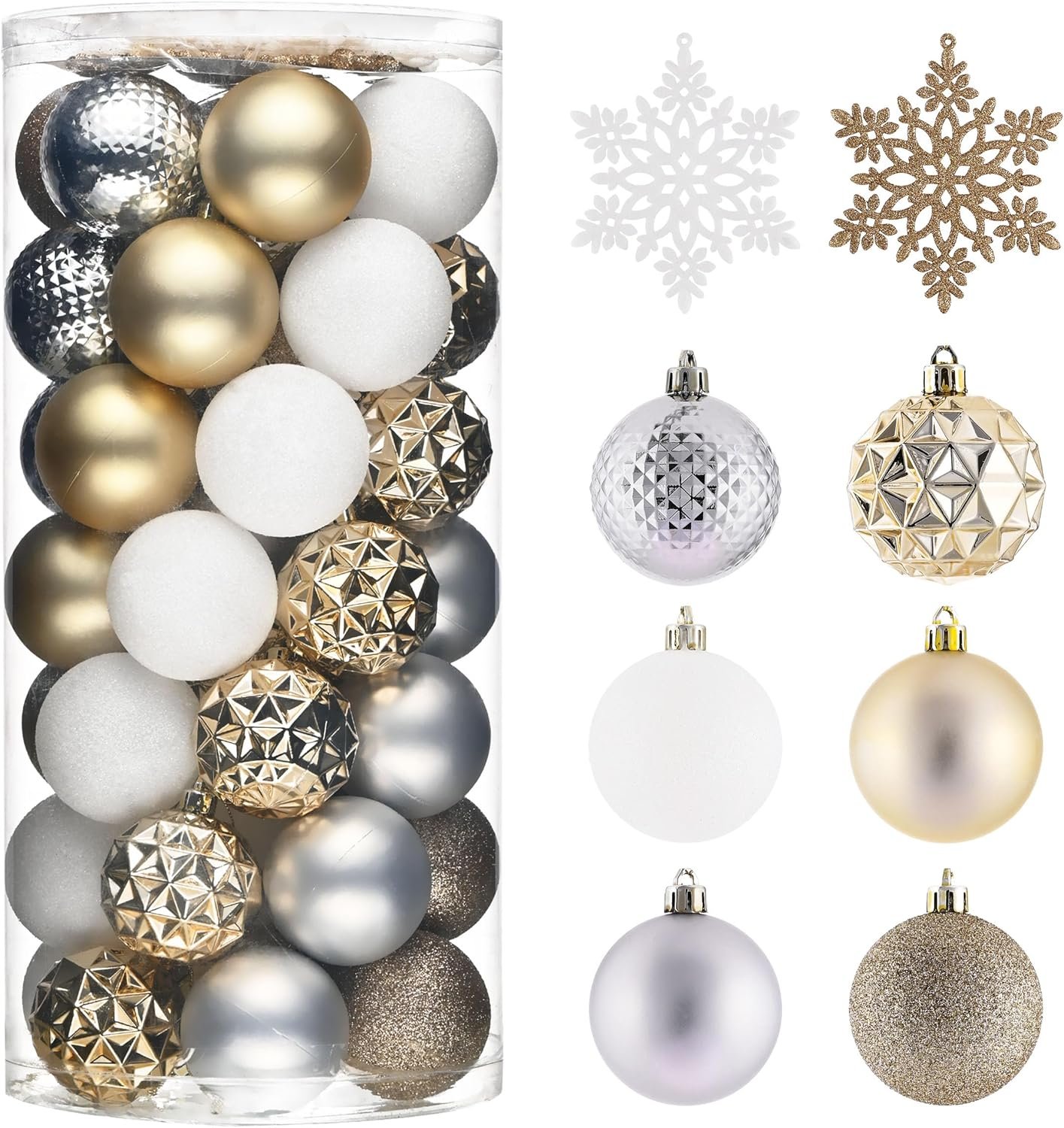 Valery Madelyn Christmas Tree Decorations Ornament Set for Fall Halloween Decor, 50ct White and Gold Shatterproof Christmas Ball Ornaments Bulk, 2.36 Inches Hanging Decor for Xmas Holiday Party - Image 2