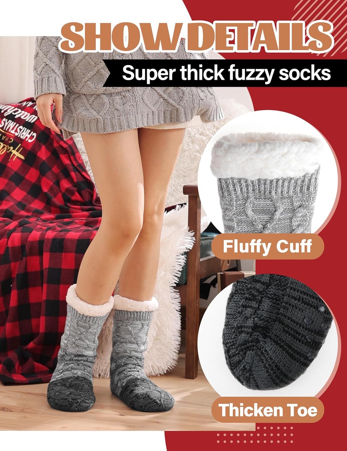 Anlisim Women Slipper Socks Non Slip Fuzzy Fluffy Thick Warm Cabin Cozy Comfy Soft Fleece Home Grips Socks - Image 4