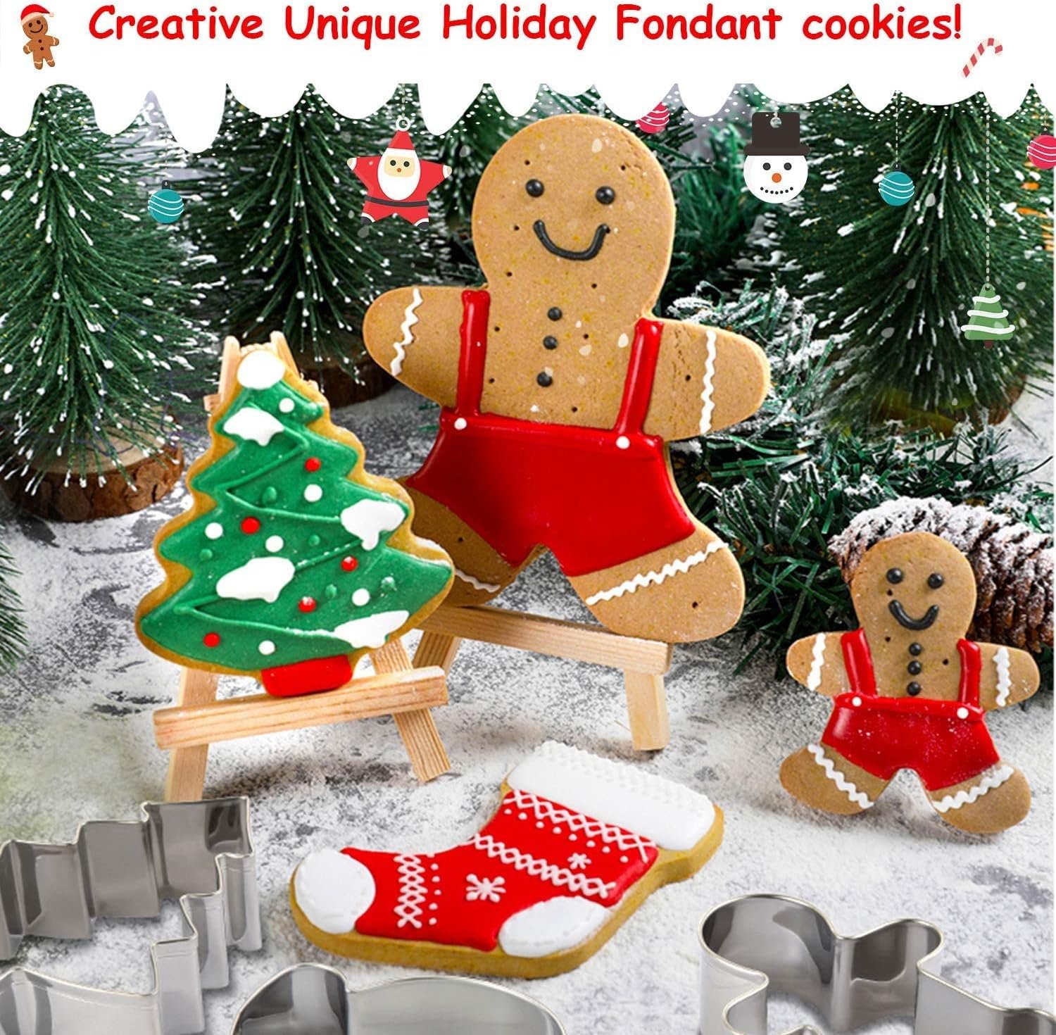 Large Christmas Cookie Cutters, 4" Holiday Cookie Cutters Shape with Recipe Instruction Gingerbread Men,Christmas Tree,Snowflake, Candy Cane,Santa Face and Snow Man for Baking - Image 7