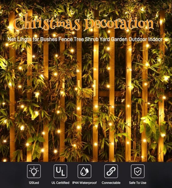 LED Christmas Net Lights Outdoor,120 LED 6ftx4ft Connectable Waterptoof Christmas Lights for Bushes Fence Tree Shrub Yard Garden Outdoor Christmas Decorations(Warm White) - Image 4