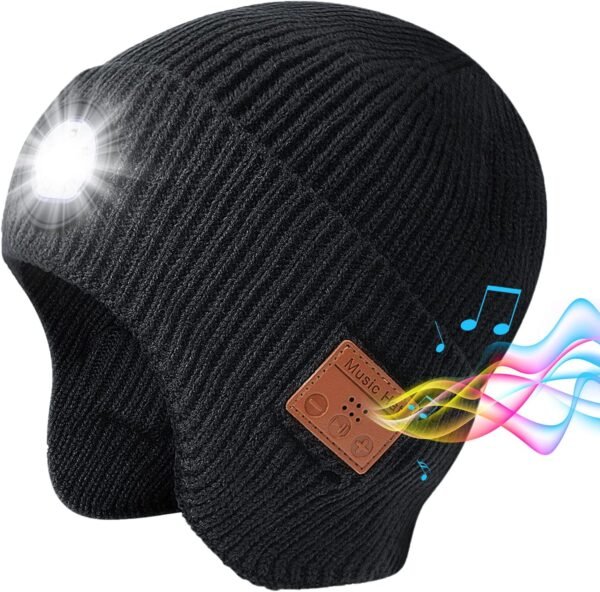 Mens Gifts Bluetooth Beanie with Light, Built-in Wireless Headphones & Stereo Speakers - USB Rechargeable Bluetooth Hat | Cool Gadgets Stocking Stuffers Gifts for Men Women (Black, Adult) - Image 2