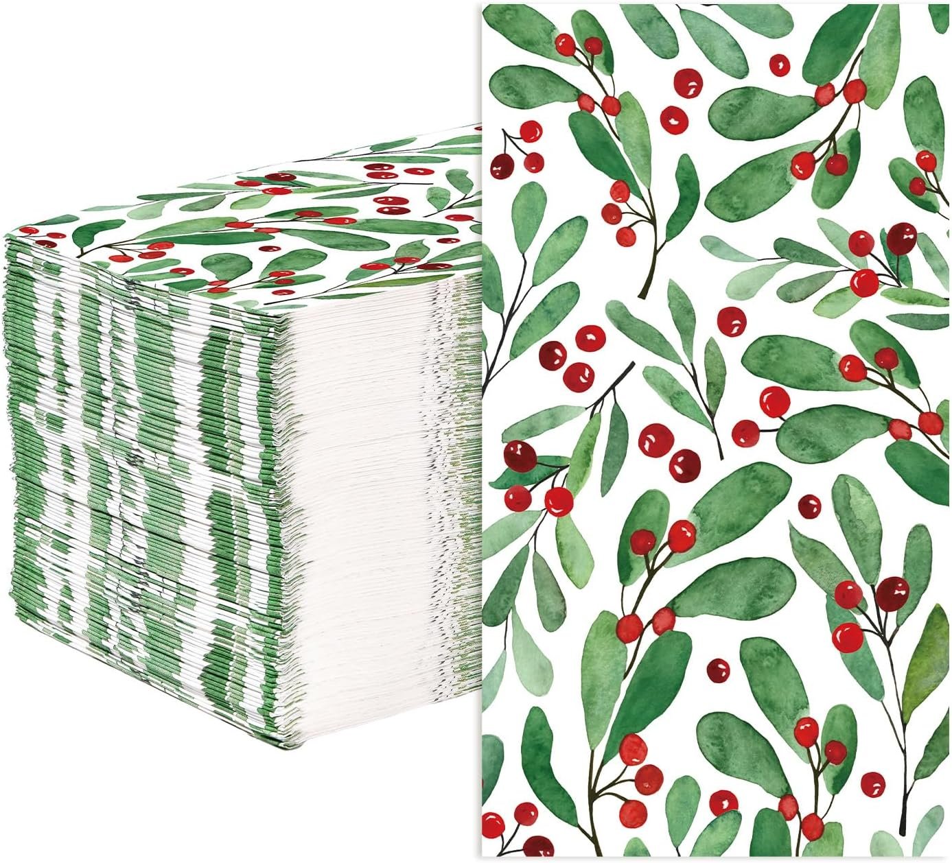 100Pcs Christmas Paper Napkins Disposable 3 Ply Watercolor Holly Leaves Berries Napkins Christmas Dinner Napkins Disposable Hand Towels for Bathroom Home Kitchen Christmas Party Decorations - Image 2