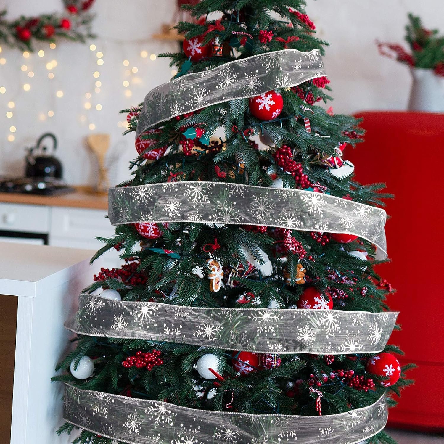 2.5 Inch Wide Christmas Wired Ribbon Snowflake Organza Sheer Glitter Ribbon for Xmas Tree, Wreath, Party Decoration, Gift Wrapping (Silver-White, 10.9 Yards) - Image 8