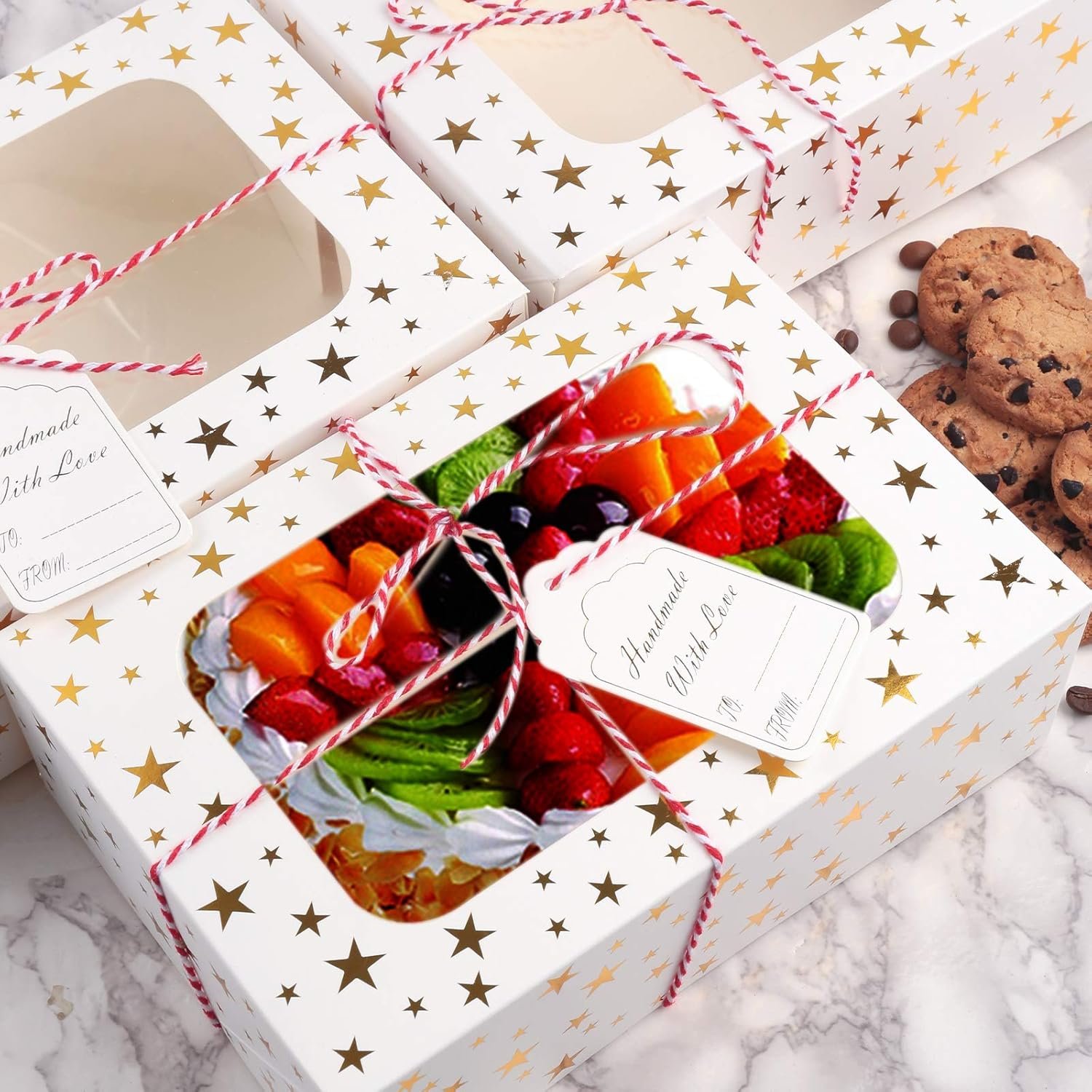 24 PCS Christmas Cookie Boxes for Gift Giving, 9x6x3 Golden Star Christmas Treat Boxes with Window, Auto-Up Holiday Cookie Boxes,Baking Goods Packaging Box for Desserts, Mini Cake, Donuts - Image 5