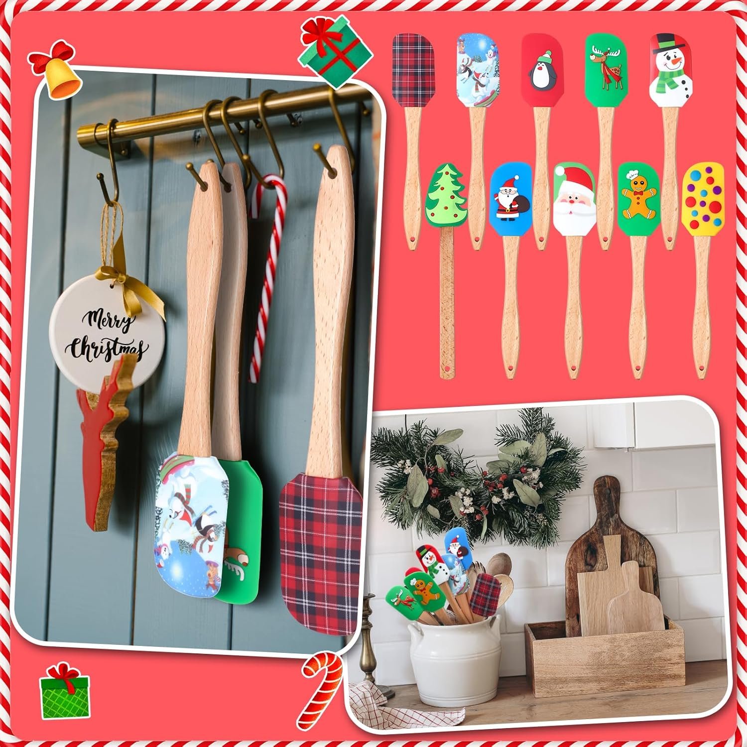 Patelai 10 Pcs Christmas Silicone Spatula Xmas Cake Spatula with Wooden Handle Snowmen Pancake Spatula Cute Pan Scraper Xmas Dish Scraper Cooking Spatulas for Kitchen Mixing Baking (Rich Style) - Image 5
