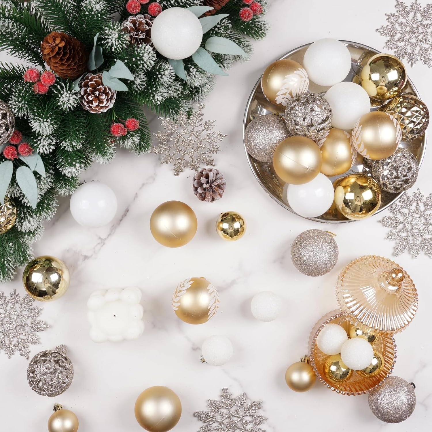 SY CRAFT 86 Pieces of Assorted Shatterproof Christmas Ball Snowflake Ornaments Seasonal Decorative Hanging Ornament Set with Hand-held Gift Package for Xmas Tree Decorations (86PCS, Champaign Gold) - Image 5