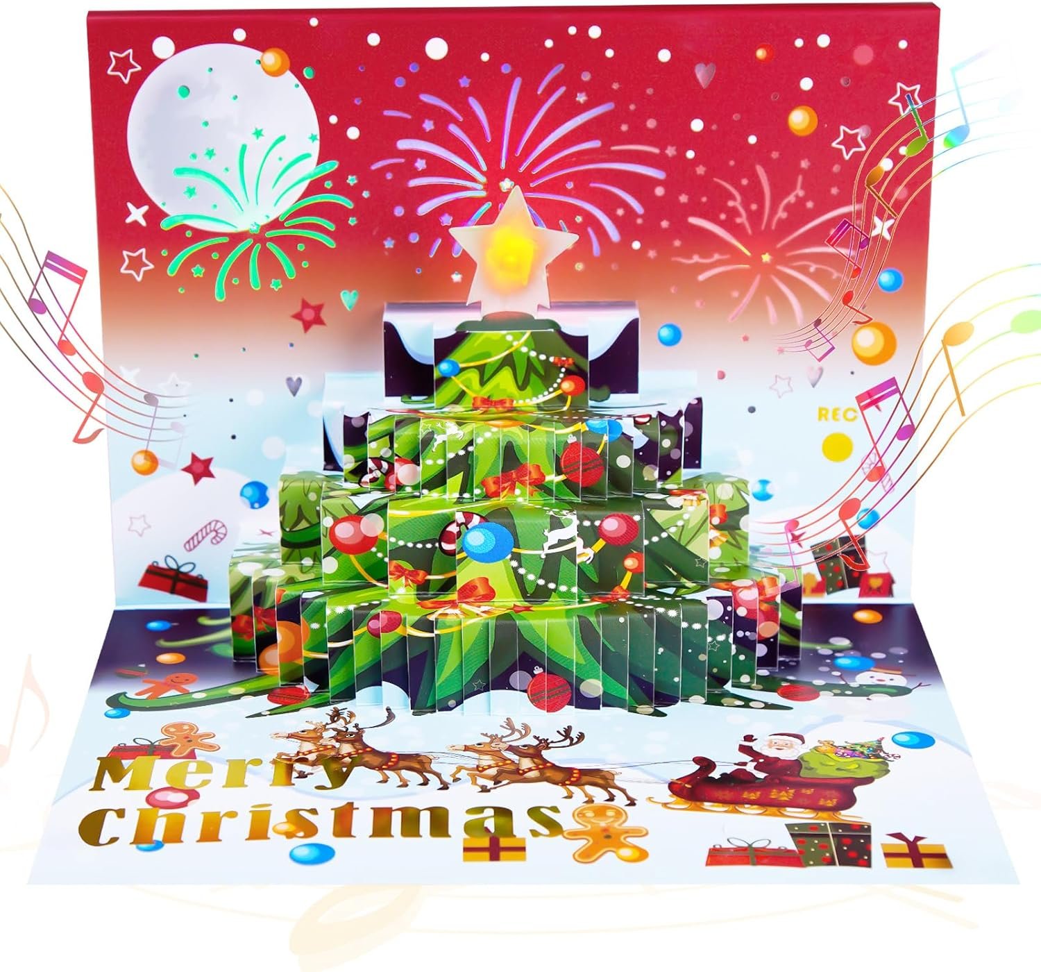 Voice Recordable Music Christmas Greeting Card, 30s Recording, 3D Pop-Up Christmas Card Lighting Fireplace & Firework Sounds or Women Men Kids and Christmas Holiday (Christmas Tree) - Image 2